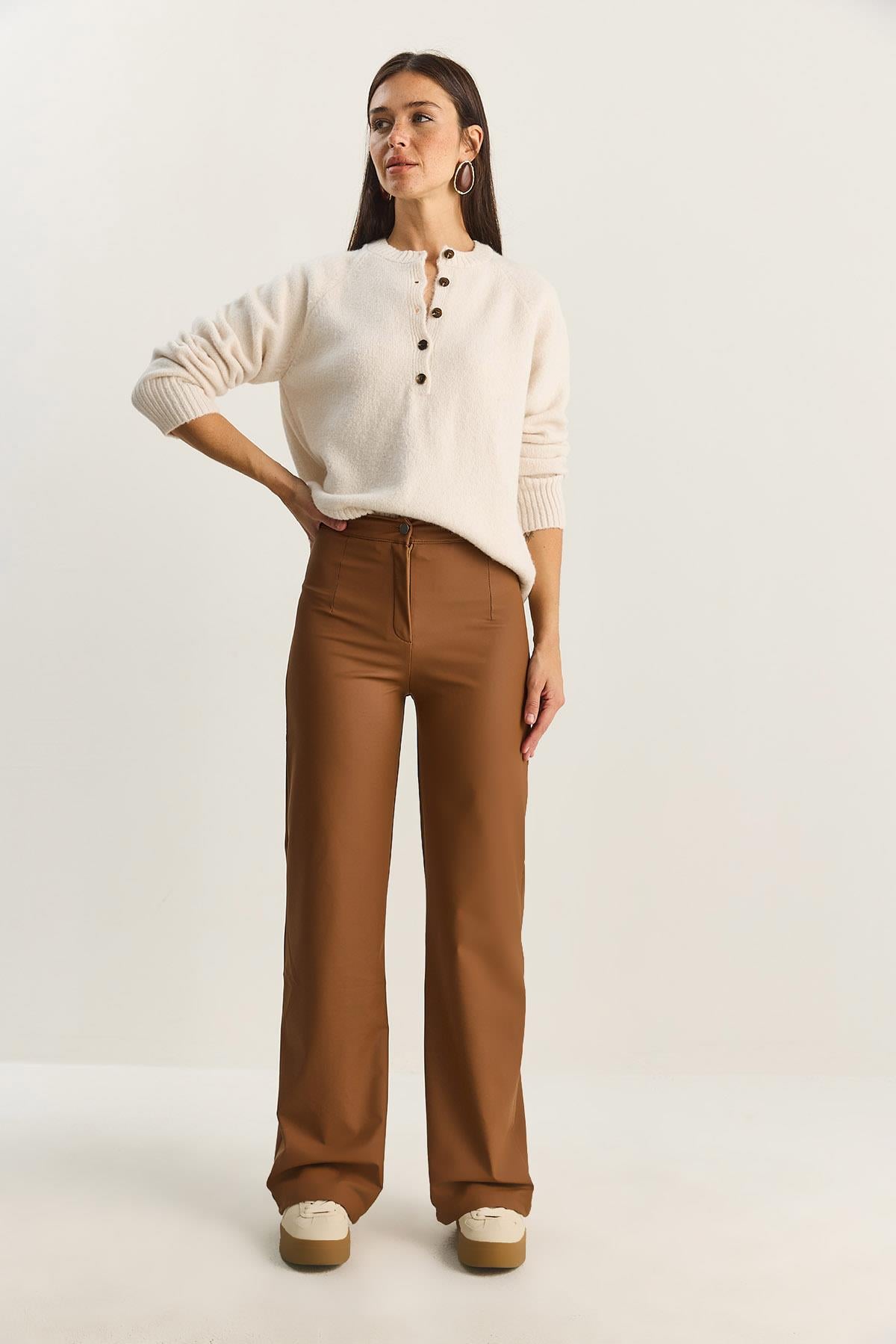 Women's High Waist Matte Faux Leather Palazzo Pants 2035 60282039 - Camel