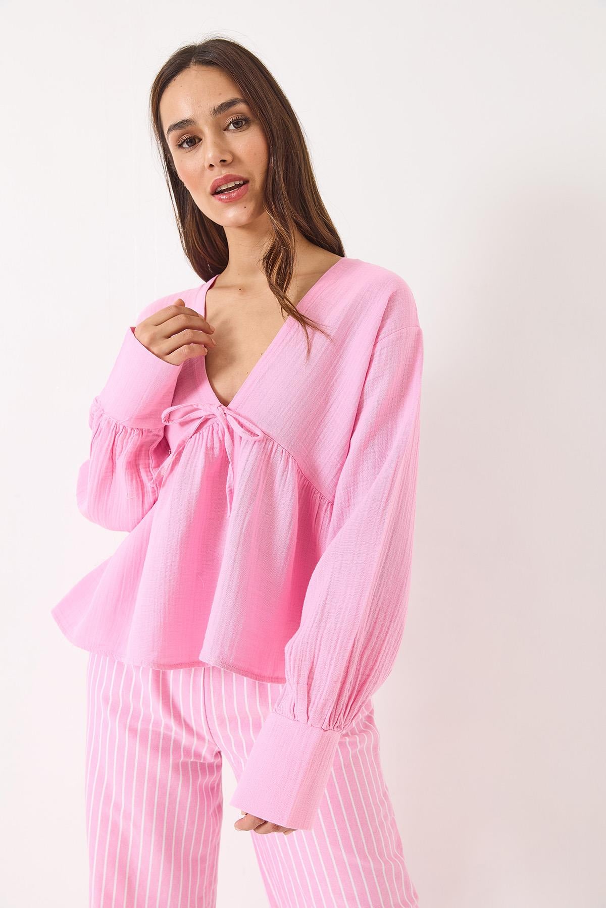 V-Neck Muslin Blouse with Tie Detail 1003 60283051 - Candy Pink