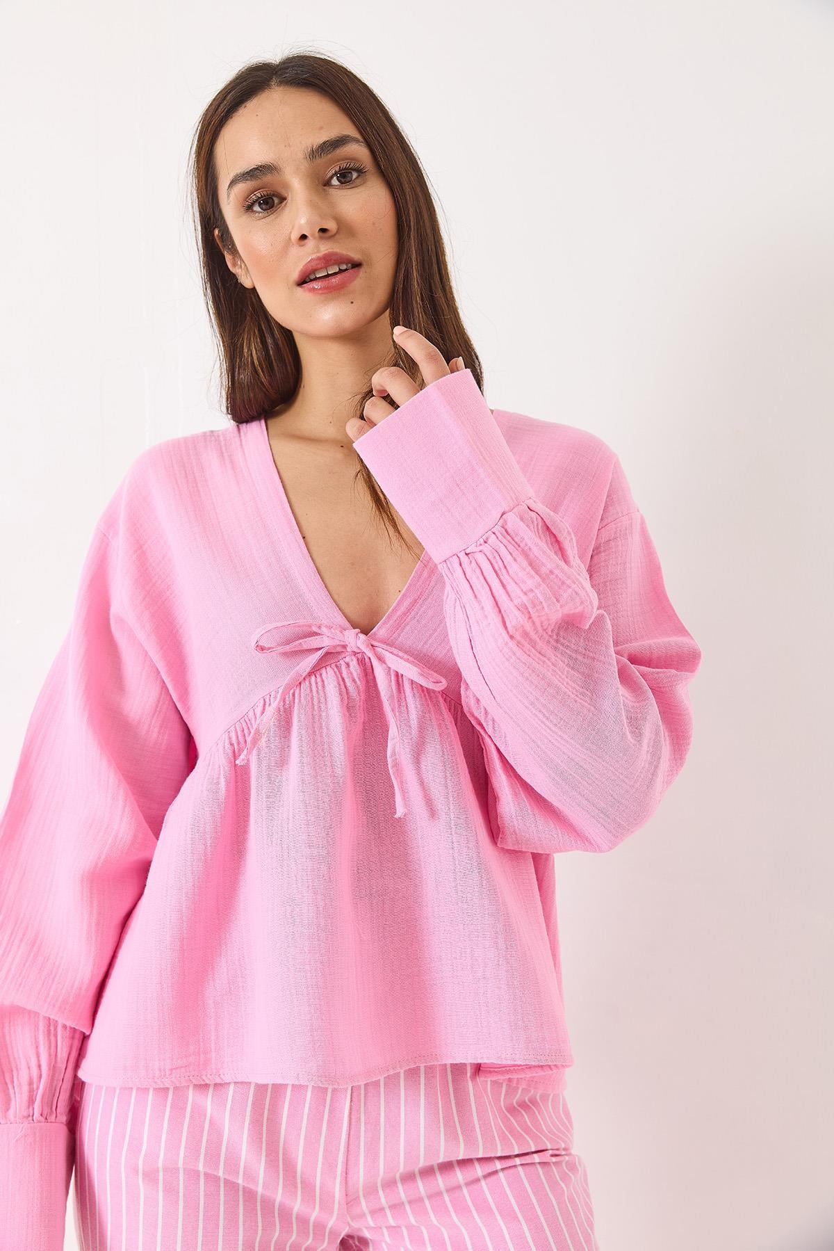 V-Neck Muslin Blouse with Tie Detail 1003 60283051 - Candy Pink