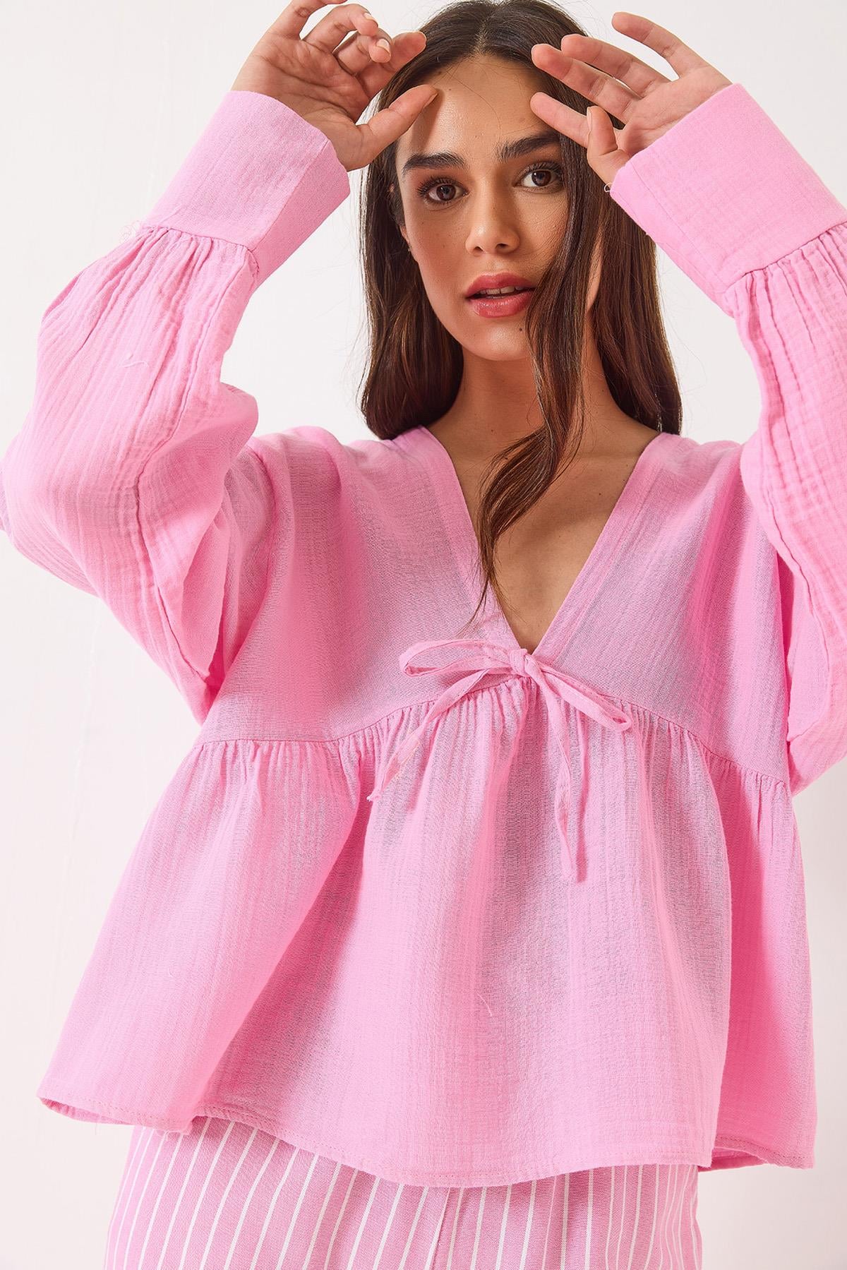 V-Neck Muslin Blouse with Tie Detail 1003 60283051 - Candy Pink